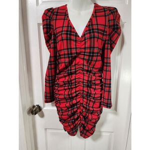 Women’s Red Black Ruched Dress XL Long Sleeve Bodycon Stretch Elegant Dress